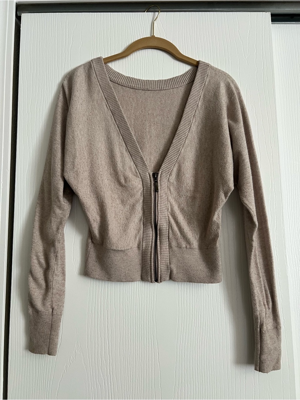 Express Beige Zip-Front V-Neck Sweater Cardigan